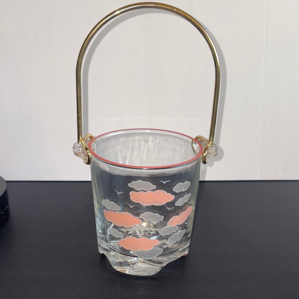 Glass Ice Bucket with Pink Gray Clouds Seagulls Made In Italy Gold Metal Handle